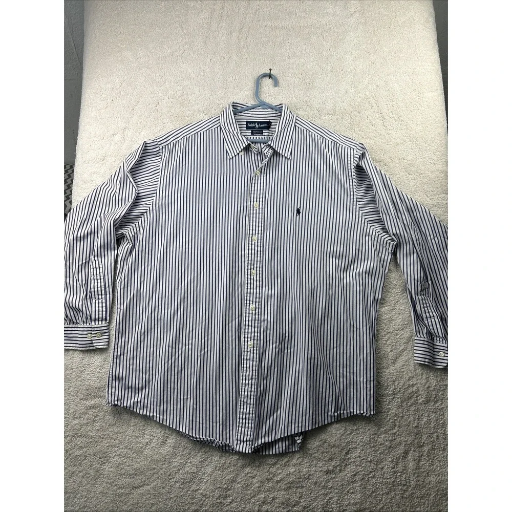 Ralph‎ Lauren Vtg Dress Shirt Mens 17.5 XXL Blue Striped Blue Pony 100% Yarmouth